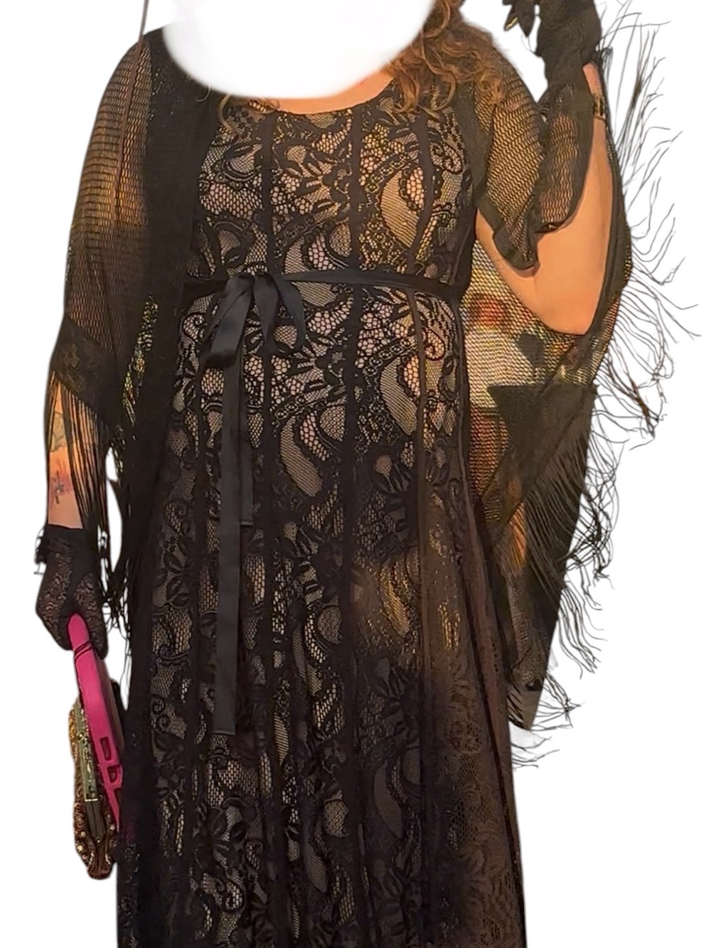 Charlotte Wonens Black Lace A-Line Maxi Dress with Ribbon Waist